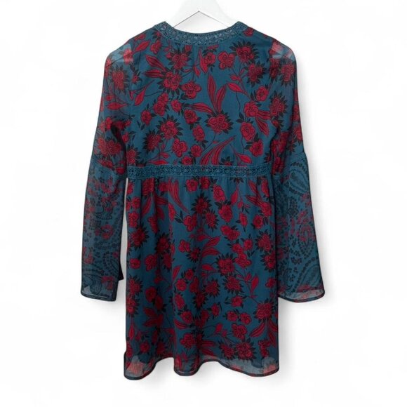 Abercrombie & Fitch y2k Boho Teal Blue Red Floral Crochet Babydoll Mini Dress - Picture 2 of 6